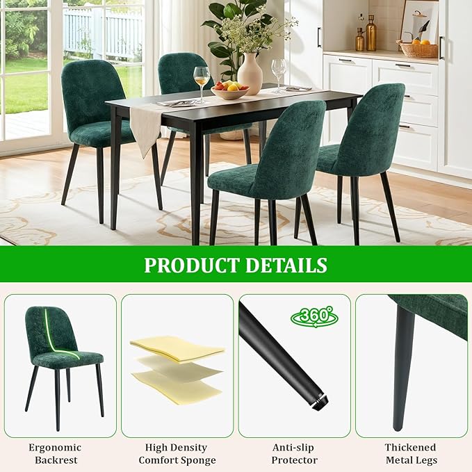 Upholstered Dining Chairs Set of 8, Mid Century Modern Fabric Dining Room Chair High-Back Padded Kitchen Chairs with Padded Seat and Metal Legs for Kitchen Dining Room Restaurant Cafe, Green
