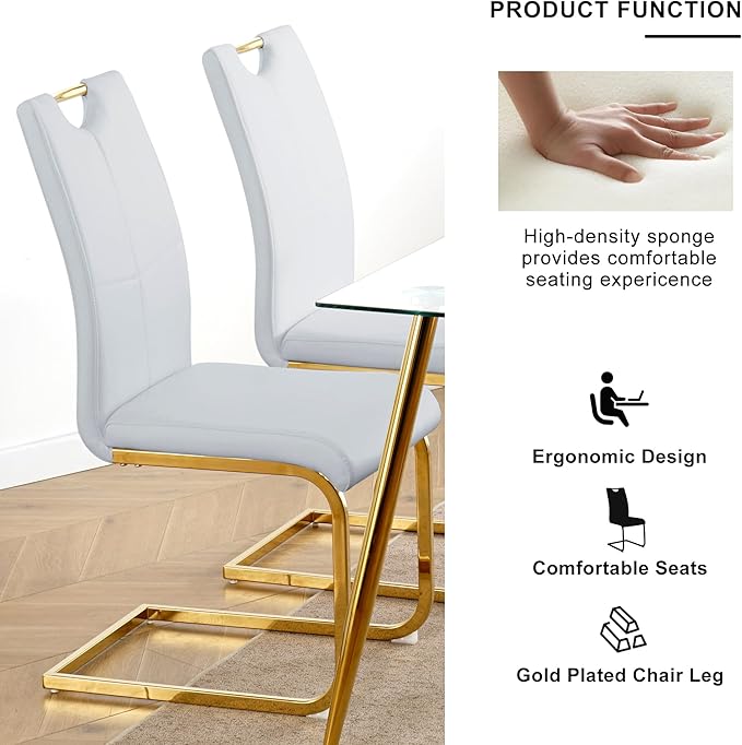 Goujxcy Gold Dining Table Set for 4, Glass Kitchen Table with Chair Set, Modern 51" Rectangle Glass Dining Table and 4 Grey PU Leather Chairs with Metal Frame for Kitchen Dining Room