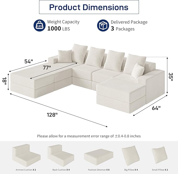 Living&Giving 128" U-Shaped Cloud Sectional Couch for Living Room, Cloud Boneless Couch-No Assembly with Reversible Chaise, Customizable 4-Seat Modular Sectional Sofa with 3 Ottoman, Beige