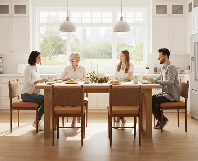 CIMOTA Brown Faux Leather Dining Chairs Set of 4, Mid Century Modern Upholstered Dining Room Chairs with Woven Back, Armless Kitchen Chairs with Walnut Solid Wood Legs, PU