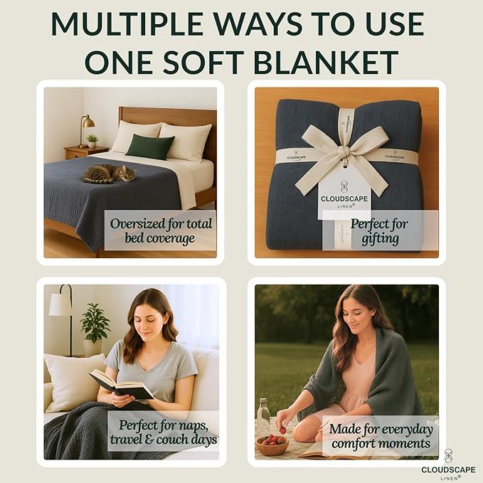 Cloud Scape Linen 8-Layer Muslin Blanket Queen Size - 100% Cotton, Soft and Breathable, Oversized Winter Blanket, Fits up to Full Size Bed, 92x92, Dark Grey