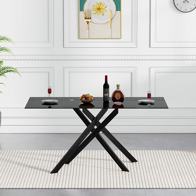 HomVent 51.18" Rectangular Black Glass Dining Table,Stylish Design with Black Metal Legs, Dining Table for Dining Room