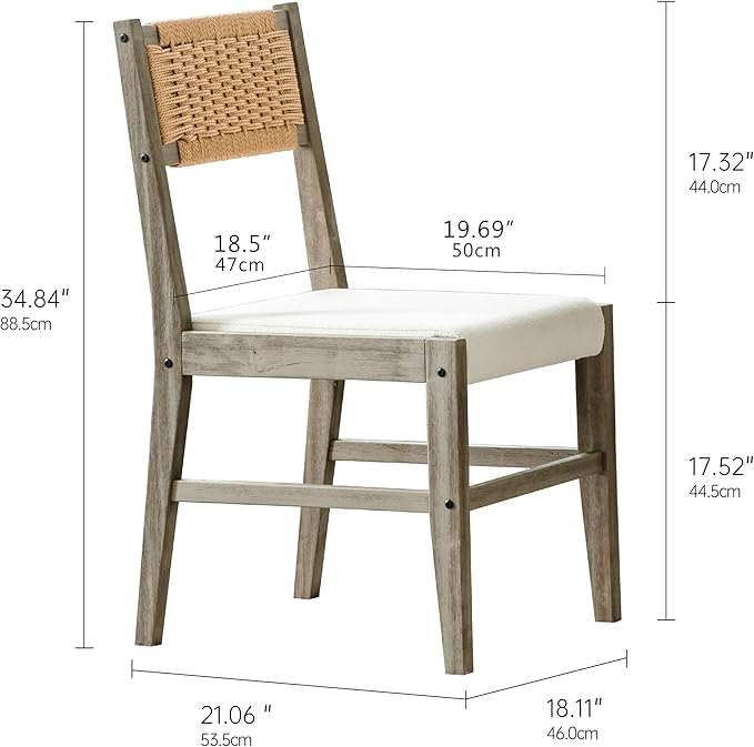 Chogori Wooden Dining Chairs, Modern Farmhouse Kitchen & Dining Room Accent Side Chairs with Woven Rope Back and Fabric Upholstered for Home, Living Room (Gray, Set of 4)