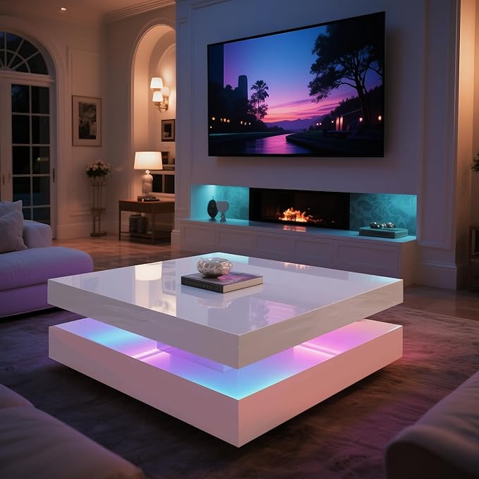 LED Coffee Table for Living Room, 2-Tier Modern Square Center Table with Music Sync Lights, High Gloss Surface, 30 3/4" x 30 3/4" (White)