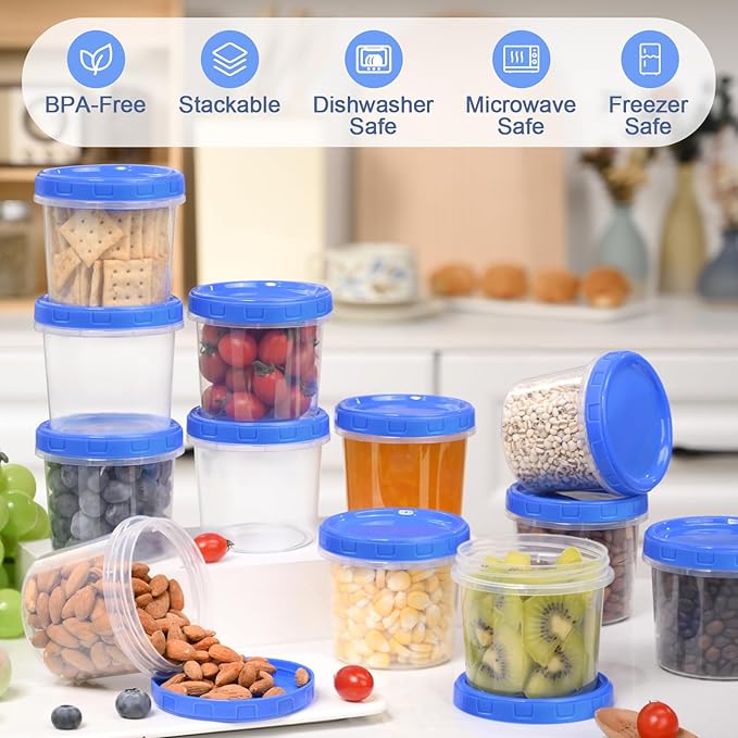 12 Pcs 10 oz Plastic Containers with Screw Lids, Reusable Clear Food Storage Containers with Pen and Brush for Snack Salad Fruit, Freezer Storage Containers, Microwave & Dishwasher Safe