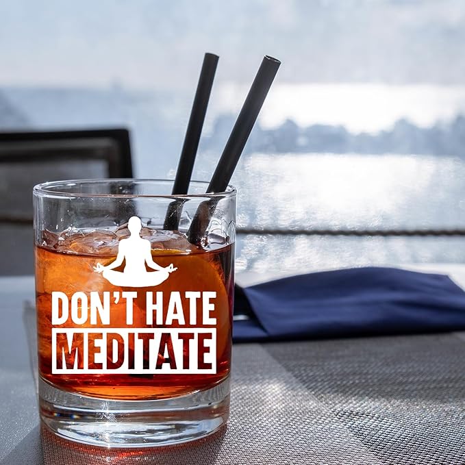 Meditation Lovers Gifts Old Fashioned Whiskey Glasses, Relaxing Meditation Gifts, Don't Hate Meditate 10 oz Rocks Barware Cup for Cocktail Drinks Scotch Bourbon Liquor