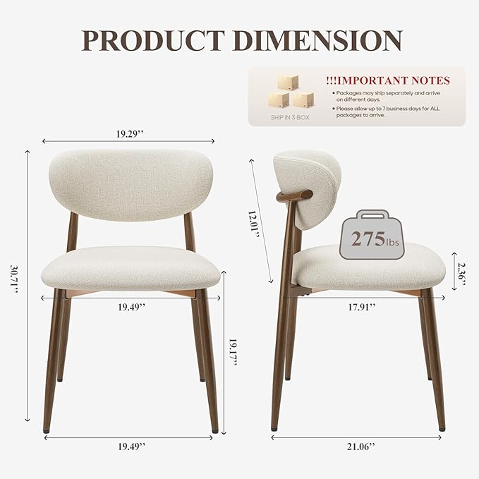 Dining Chairs Set of 6, Upholstered Dining Room Chairs with Metal Legs and Anti Slip Pads, Curved Back Kitchen Chair for Home and Restaurant Use, Beige