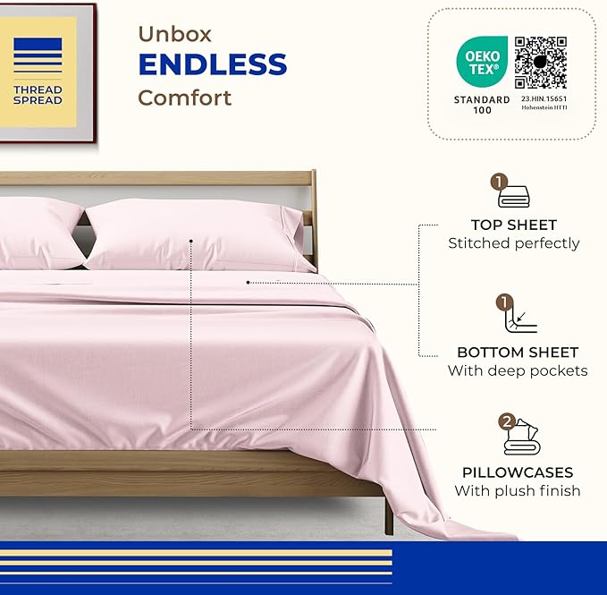 THREAD SPREAD 100% Pure Egyptian Cotton Sheets Queen Size - High Thread Count Sheets Queen Size, 4 PC Luxury Hotel Sheet for Queen Bed, 16" Deep Pocket Sateen Weave Cooling Bedding Sets - Blush