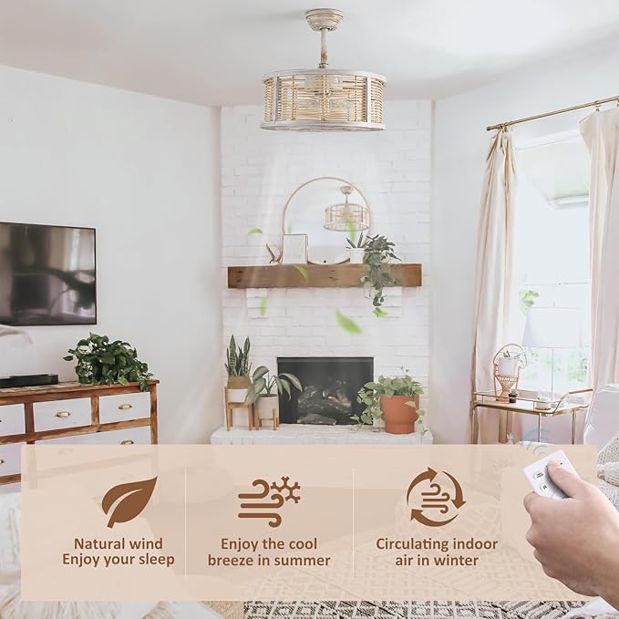 hummingbird 20 Inch Rattan Caged Ceiling Fan with Light, Boho White Fandelier Ceiling Fan with Lights and Remote, Enclosed 6 Speed for Bedroom Kitchen Dining Room