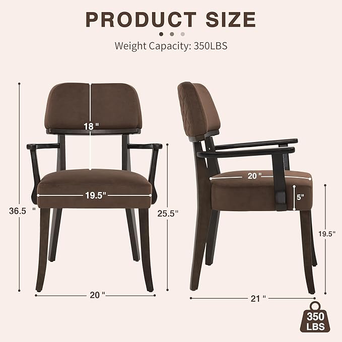 Modern Wood Dining Chairs with Arms Set of 2, Velvet Upholstered Kitchen Chairs with Open Curved Backrest & Black Hardwood Legs, Accent Chairs 350 LBS Capacity, Brown