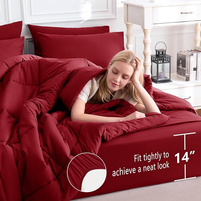 CozyLux King Size Comforter Set Dark Red, 7 Pieces Bed in a Bag, Red Comforter King Size, All Season Bedding Sets with Stitch Quilted Comforter, Flat Sheet, Fitted Sheet, Pillowcases