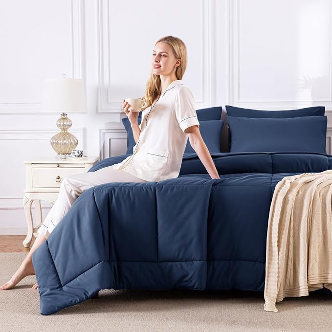 CozyLux California King Comforter Sets Navy Blue, 7 Pieces Cal King Bed in a Bag, All Season Bedding Sets with Stitch Quilted Comforter, Flat Sheet, Fitted Sheet, Pillowcases
