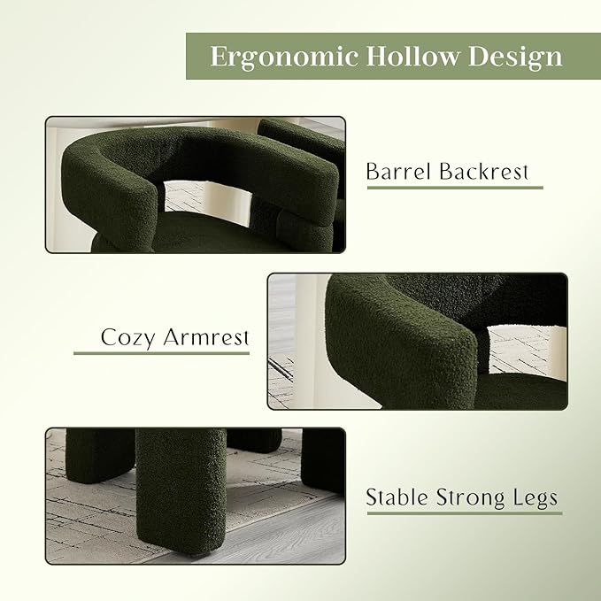 Sherpa Barrel Dining Chairs Set of 4, Upholstered Boucle Accent Kitchen Chairs with Arms, Comfy Faux Fur Side Chair Modern Armchair for Dining Room, Bedroom, Home Office, Green