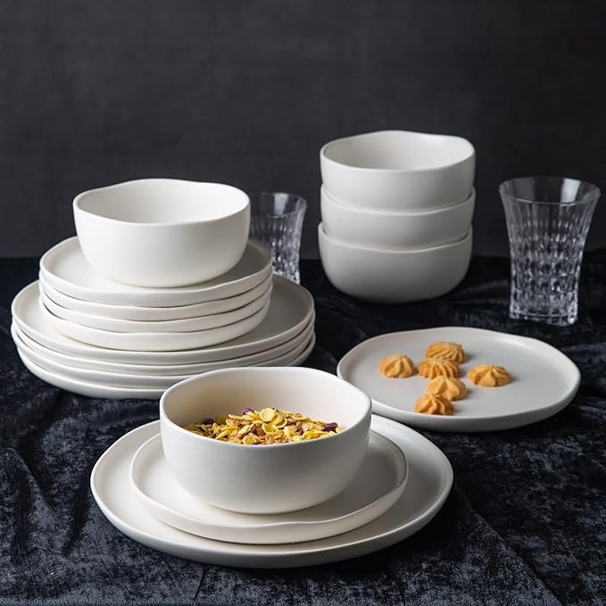 AmorArc Ceramic Dinnerware Sets, Wavy Rim Stoneware Plates and Bowls Sets, Highly Chip and Crack Resistant | Dishwasher & Microwave & Oven Safe Dishes set, Service for 8 (24pc)