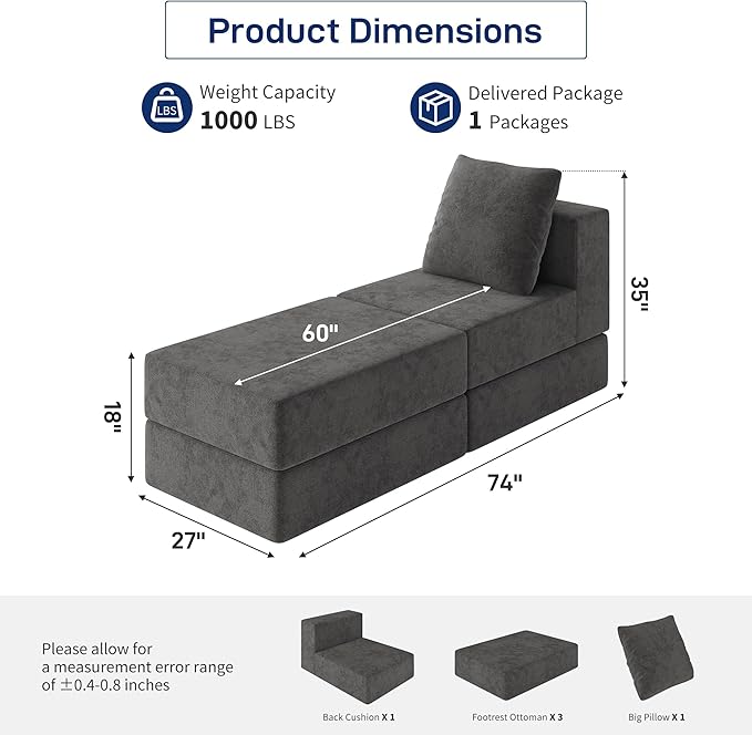 Living&Giving Cloud Sectional Couch for Living Room, Modular Boneless Couch with 1 Ottoman, Middle-seat Can Be Combined with Modular Sofa, Customizable Layout for Any Space, Dark Grey