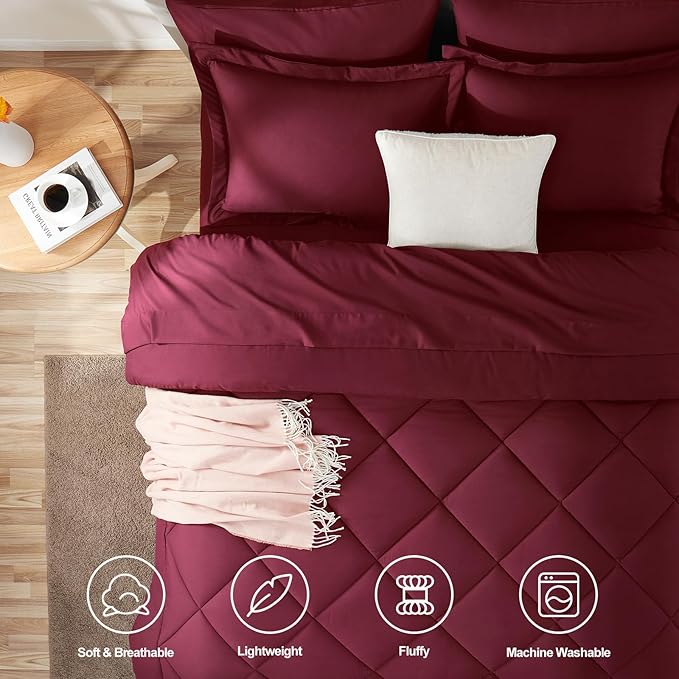 CozyLux King Size Comforter Set Burgundy - 7 Pieces Bed in a Bag King, Luxury Soft Bed Set for All Seasons, Bedding Set with Down Alternative Comforter, Sheets, Pillowcases & Shams