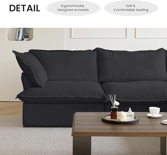 WJShome 122.82" Cloud Modular Sectional Sofa, Modern Comfy Couch Filled with Down, Minimalist Wide Deep Seat Couches for Living Room Apartment Lounge Bedroom (Black, 3 Seater)