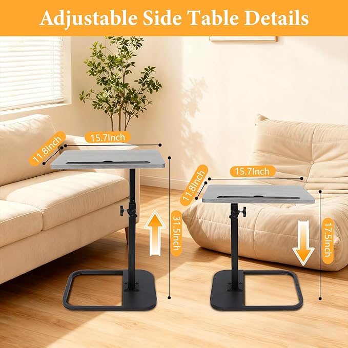 jessie Tv Tray Table, Adjustable Tray Table for Couch 360° Swivel C Shaped End Table with Phone Tablet Slot for Living Room, Sofa, Bedside, Bathroom (Gray)