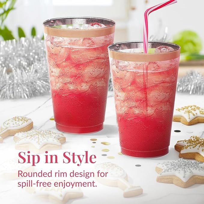 50 Pack Disposable Plastic Cups by Prestee - 14 oz Rose Gold Rimmed Plastic Wine Glasses - Heavy Duty, Pink Rim Cup - Disposable Party Cups and Fancy Wedding Tumbler - Elegant Decoration Cup for Party