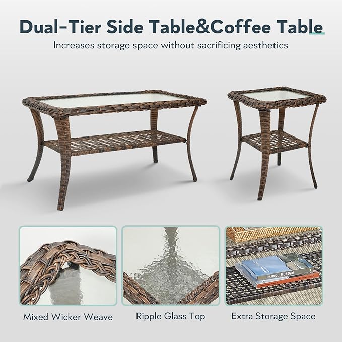 5 Pieces Wicker Patio Furniture Set - Hollow Widen Armrests Outdoor Swivel Glider Chairs and 3 Seat Sofa with Coffee Table & Side Table for Balcony Porch Deck and Yard - Brown/Beige