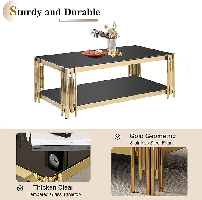 48" Rectangular Glass Coffee Table for Living Room, Luxury 2-Tier Center Table with Gold Stainless Steel Frame, Modern Black Glass Accent Coffee Cocktail Table w/Storage Shelf