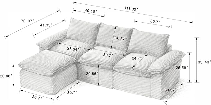 111" Cloud Sectional Couch with L-Shaped Chaise, Corduroy Sectional Sofa with Ottoman, Boneless Couch with Deep Seat in a Box for Living Room, No Assembly Required (White)