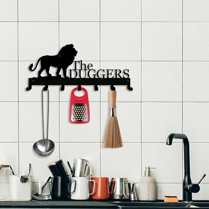 Personalized Key Holder with Name, Custom Metal Lion Silhouette Key Rack Hanger, Wall Organizer with 7 Hooks for Entryway, Front Door, Hallway, Kitchen, Farmhouse Decor