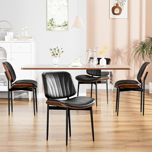 Dining Chairs Set of 4, Dining Room and Kitchen Chairs, FSC Certified Mid Century Modern Accent Chair, Upholstered PU Leather Chairs for Vanity with Walnut Bentwood and Metal Legs, Black