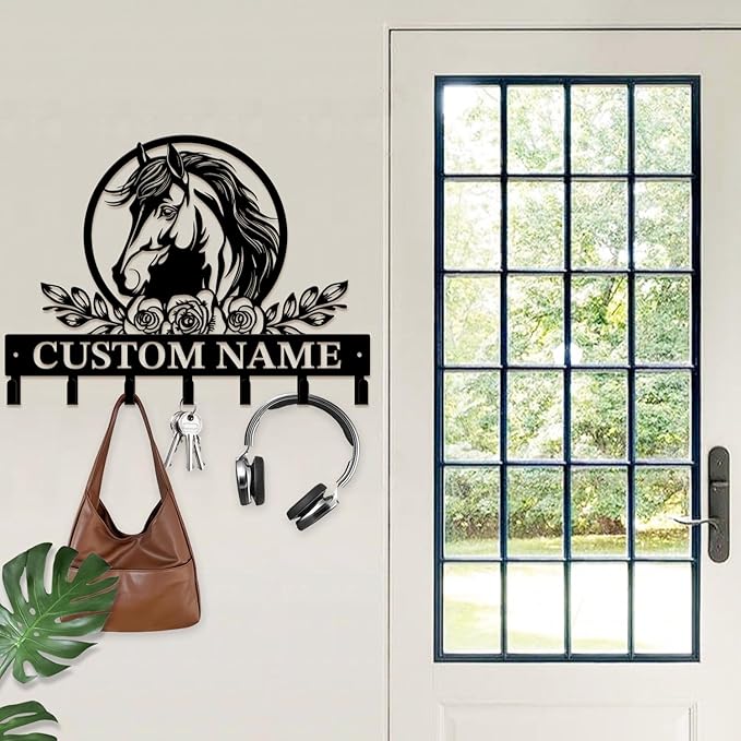 Custom Horse Key Hook - Personalized Forged Iron Wall Keys Holder with Equestrian Design, Black Metal Home Decor for Horse Theme Lovers (Style D)
