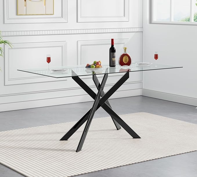 51.18" Glass Dining Table for 4-6, Dining Room Table with Black Tempered Glass and Black Metal Legs, Modern Rectangular Kitchen and Dining Room Dinner Table for Kitchen