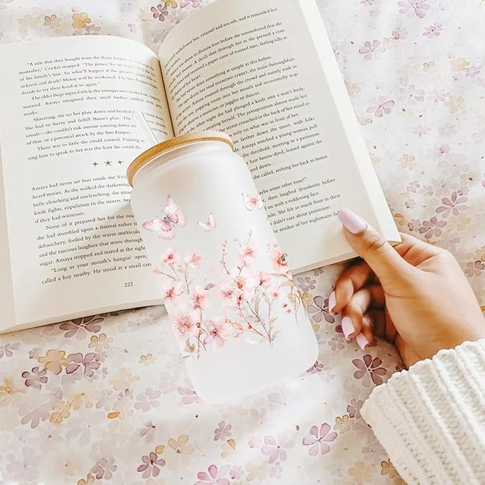 Butterfly Cup With Lids and Straw, Aesthetic Iced Coffee Glass, Butterfly Gifts for Women Friend Sister Her, Colorful Flower Cup, Can Glass