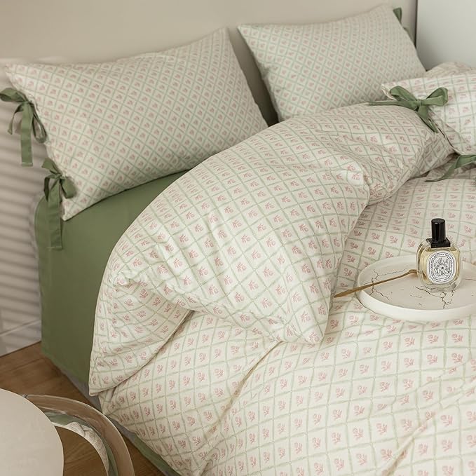 Pink Flower Duvet Cover Full Size Vintage Country Style Red Floral Comforter Cover Green Grid Plaid Duvet Cover with 2 Bow Ties Pillowcases Cotton Girls Floral Bedding Quilt Cover with Zipper Closure