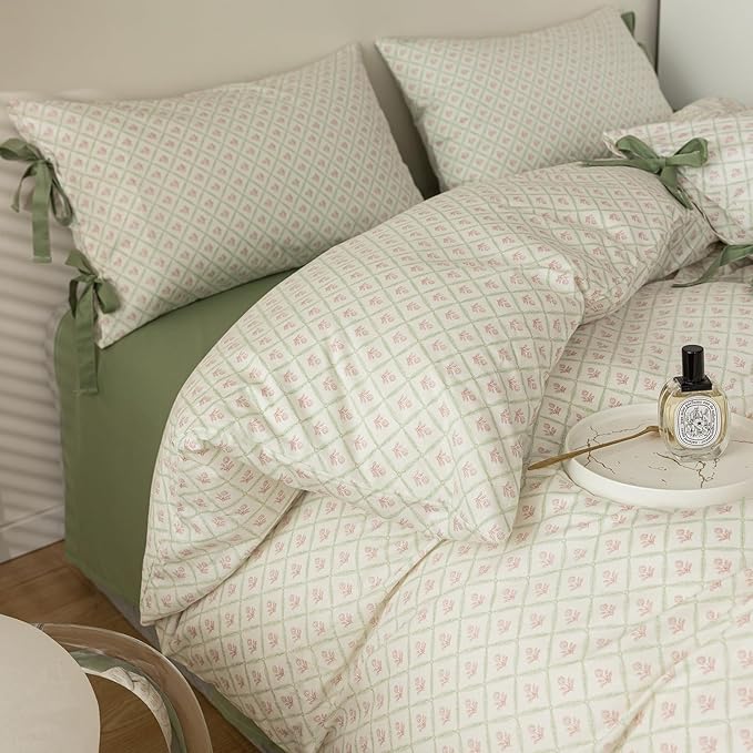 Pink Floral Duvet Cover Twin Chic Plaid Grid Duvet Cover 100% Cotton Floral Cottagecore Bedding Set for Girls Women Vintage Country Bedding Blooming Flower Comforter Cover with 2 Bowknot Pillowcases