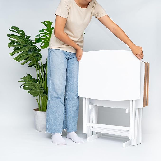 PJ Wood 5 Pack XL Oversize Tray Table for Living Room or Kitchen, Indoor TV Tray Set for Small Spaces and Family Gatherings, White