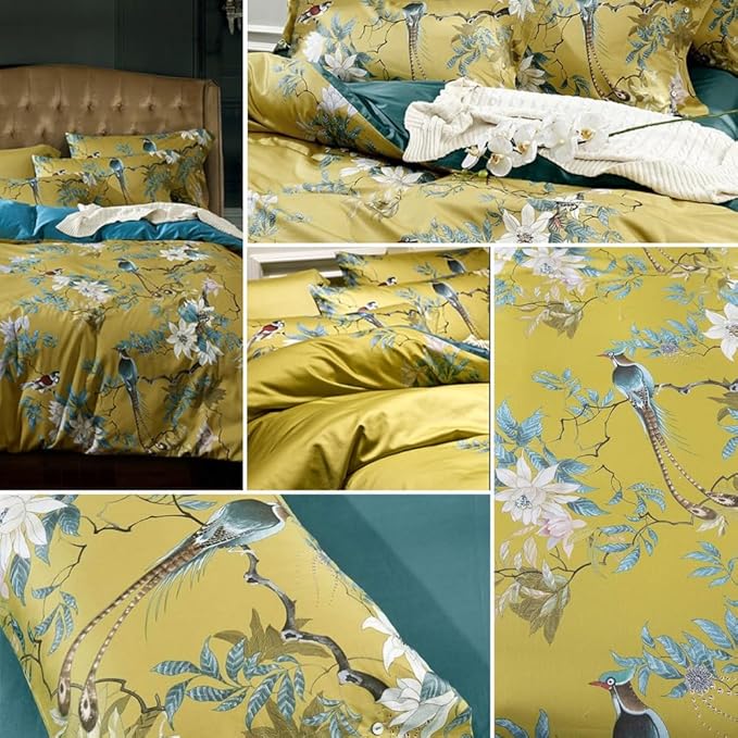 Birds Floral Duvet Cover Set Full Size Flower Bird Pattern Boho Duvet Cover Cotton Vintage Floral Bedding Set Garden Style Gold Yellow Comforter Cover Farmhouse Bedding Cover with 2 Pillowcases