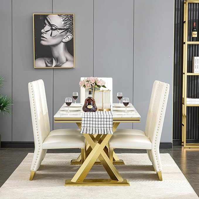 AUZ White and Gold Dining Chairs Set of 2, White PU Leather Dining Room Chair with Nailhead Trim and Gold Polished Metal Legs, Luxury High Back Dining Chairs