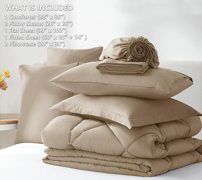 CozyLux Queen Comforter Set Taupe - Bed in a Bag Queen Size 7 Pieces, Luxury Soft Bed Set for All Seasons, Bedding Set with Down Alternative Comforter, Sheets, Pillowcases & Shams