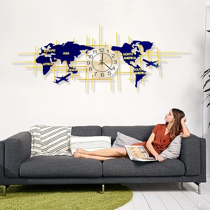 37.8 Inch Modern World Map Wall Clock, Silent Quartz 3D Design, Large Handmade Iron Frameless Decorative Clock for Living Room, Bedroom, Kitchen, Office (Small)