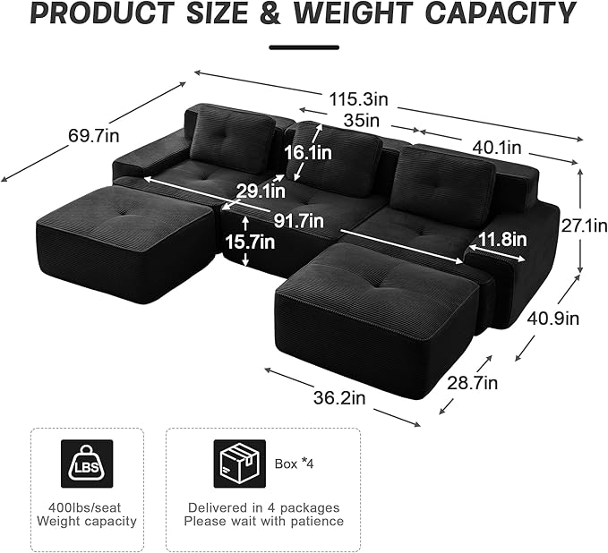 115.3'' Sectional Sofa, 32D Foam Corduroy Boneless Couch with Pillow, Deep Seat Wide Arm Sectional U Shaped Couch for Living Room, Apartment, Bedroom