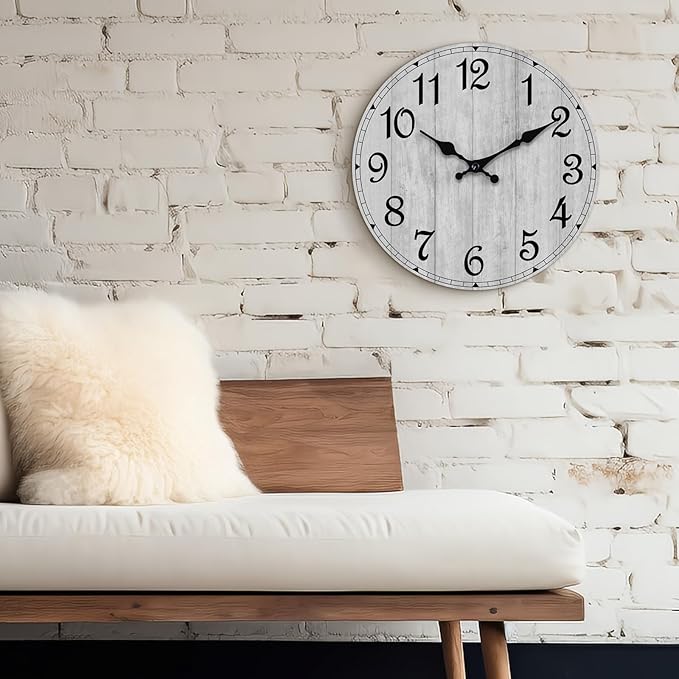 HYLANDA Wall Clock, Rustic Wall Clocks Battery Operated Silent Non Ticking, Country Round Wooden Clocks Farmhous Wall Decorative for Kitchen, Bathroom, Living Room (Gray 8 Inch)