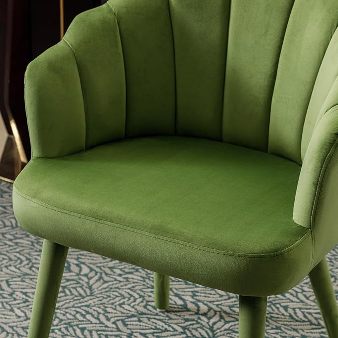 Velvet Dining Chairs Set of 2 Modern Living Room Chairs with Petal Back & Wood Legs Comfy Upholstered Side Chair for Dining Room/Bedroom/Vanity, Olive
