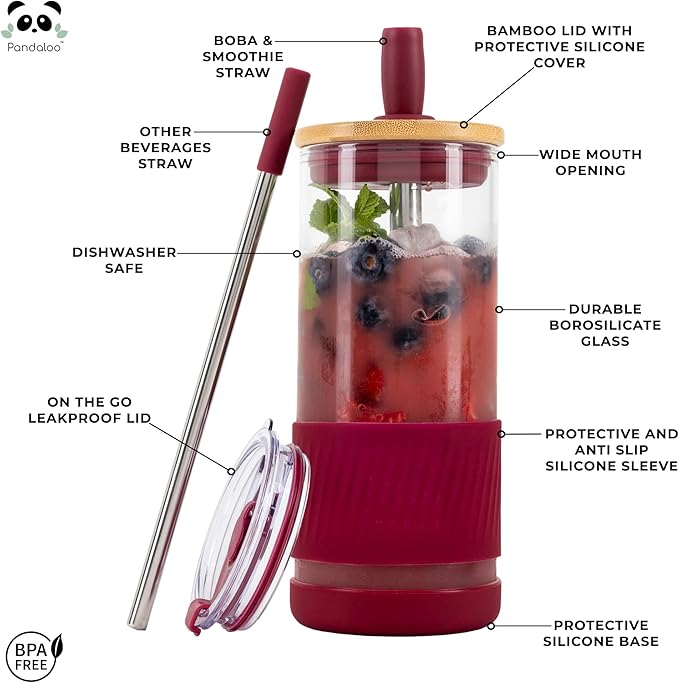 Pandaloo® Glass Cups With Lids and Straws -20 Fl Oz- Perfect Size Iced Coffee Cup - Smoothie Cup With Bamboo Lid and On the go Lid - Glass Tumbler (2 Count (Pack of 1), Boysenberry-Galactic Blue)
