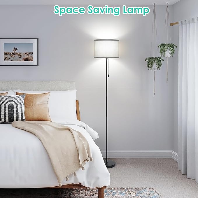 FOLKSMATE Floor Lamp for Living Room, Modern LED Simple Standing Lamp, Minimalist Tall Light for Bedroom, Office, Kids Room, Reading, Black Pole With Grey Shade, Without Bulb