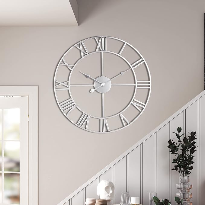 1st owned Large Wall Clock, Metal Retro Roman Numeral Clock, Modern Round Wall Clocks Almost Silent, Easy to Read for Living Room/Home/Kitchen/Bedroom/Office/School Decor (Silver, 18.5 Inch)