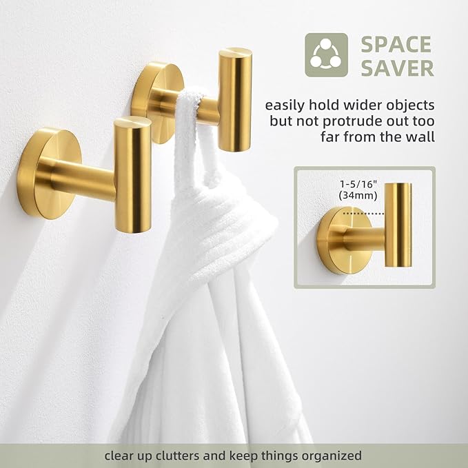 Angle Simple Bathroom Towel Hook 2 PCS, SUS304 Stainless Steel Bath Towel Robe Coat Holder, Heavy Duty Wall Hook, Brassy Gold