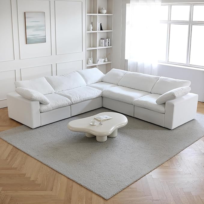 JACH V-Shaped Couch Sectional for Living Room, 5-Seats Modular Convertible Sectional Sofas Couches, Couch Cushion Covers Removable, Cloud Sofa for Living Room, Apartment (White)