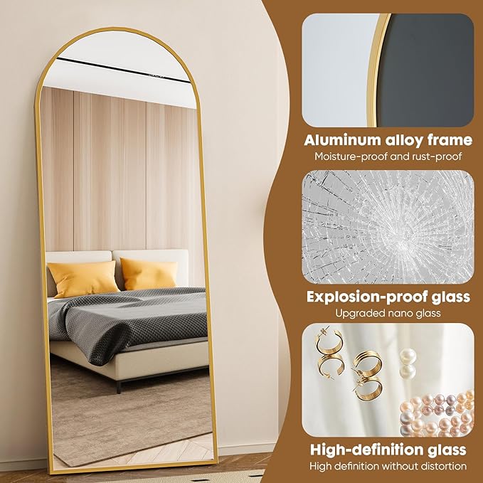 Arched Mirror Full Length, 71"x26" Body Mirrors with Shatter-Proof Glass, Full Length Mirror with Arch Aluminum Frame for Home Decor, Mirrors for Bedroom Bathroom, Gold