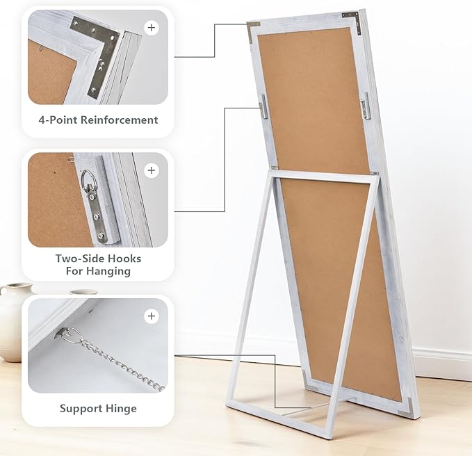 Yumyolk Full Length Mirror with Stand 64"x26" Large Vintage Wood Wall Mounted Mirrors for Bedroom White