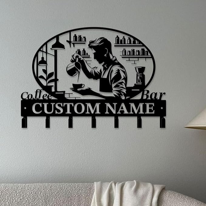 Coffee Bar Keys Holder - Metal Iron Wall Hooks with Custom Name | Personalized Home Decor & Gift Idea | Coffee-Themed Text Engraving Design (Style E)