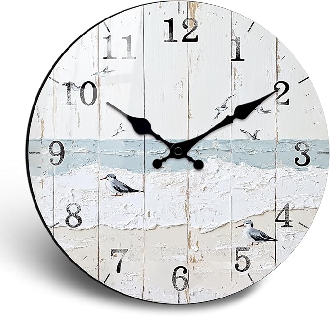 Rustic Blue Wall Clock for Living Room Decor 14 Inch Round Wood Grain Design Wall-Clocks Silent Non-Ticking Clocks for Kitchen, Farmhouse Battery Operated
